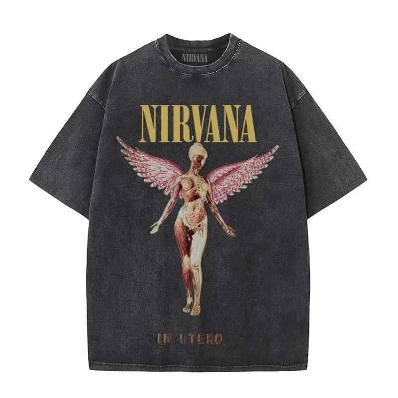 Nirvana Rock Band Men's Retro Cotton Washed Tee In Utero Album Man Women's Oversized Y2K Distress Tshirt Casual Loose Streetwear