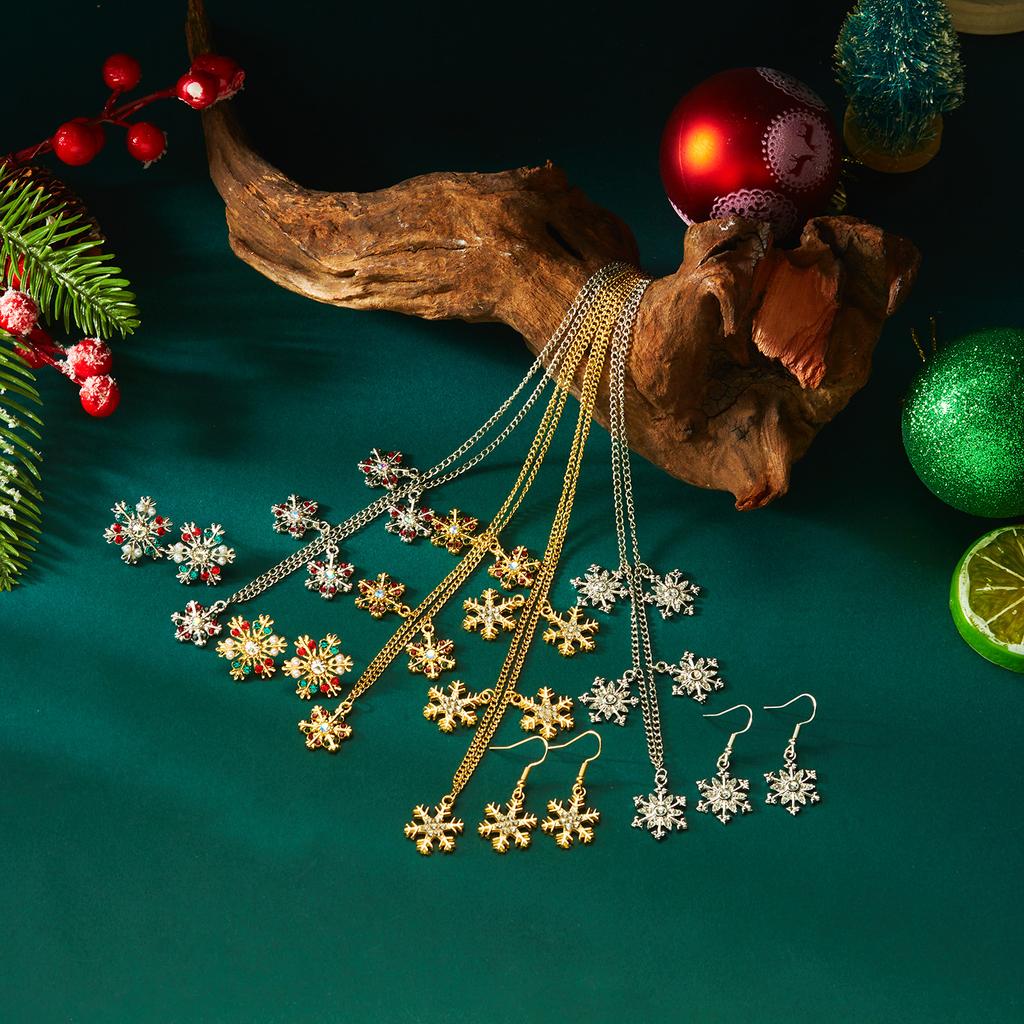 Christmas Imitation Pearl Colorful Rhinestone Snowflake Earrings Necklace for Women Exquisite Flower Jewelry Set New Year Gifts