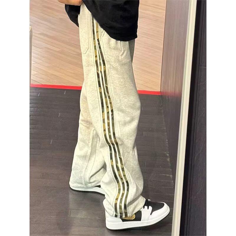 American striped color matching wide-leg pants men's drooping sweatpants ins straight loose sweatpants high street casual pants