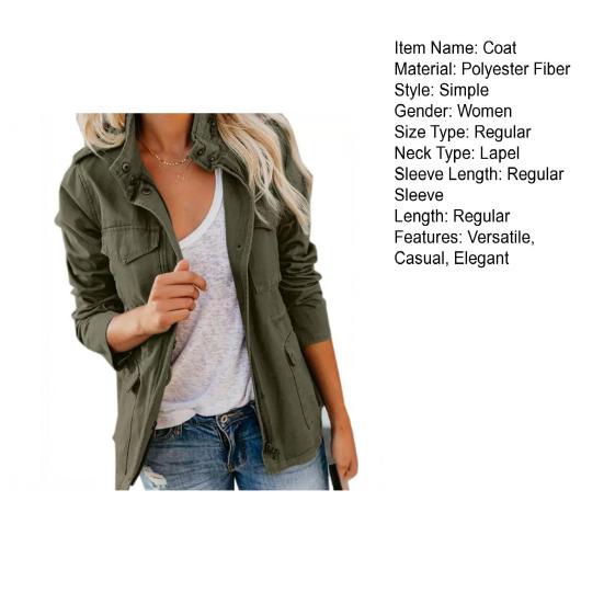 Versatile Women Jacket Solid Color Long Sleeve Lapel Coat Boyfriend Style Outerwear with Multiple Pockets