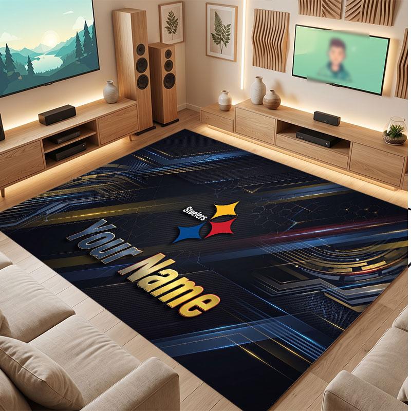 Pittsburgh Steelers Personalisiertes Kristall-Samt-Teppich, Benutzerdefinierter Name Text Weicher Anti-Rutsch-Teppich für Wohnzimmer Schlafzimmer