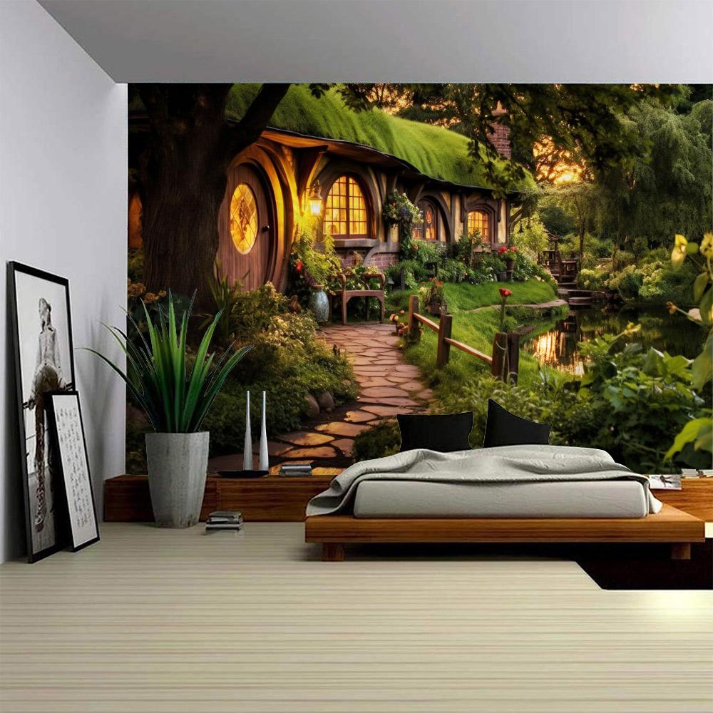 Forest wooden house tapestry landscape wall hanging, bedroom living room cartoon wall background poster, home art decoration