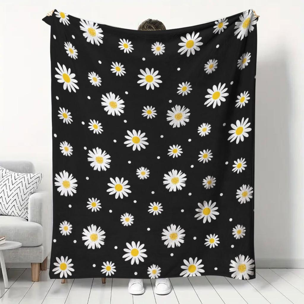 Black Daisy Print Blanket 2D Soft Cozy Flannel Throw Blanket For Bed Couch Sofa Camping Travel Warm Blanket For Home Decor Gift