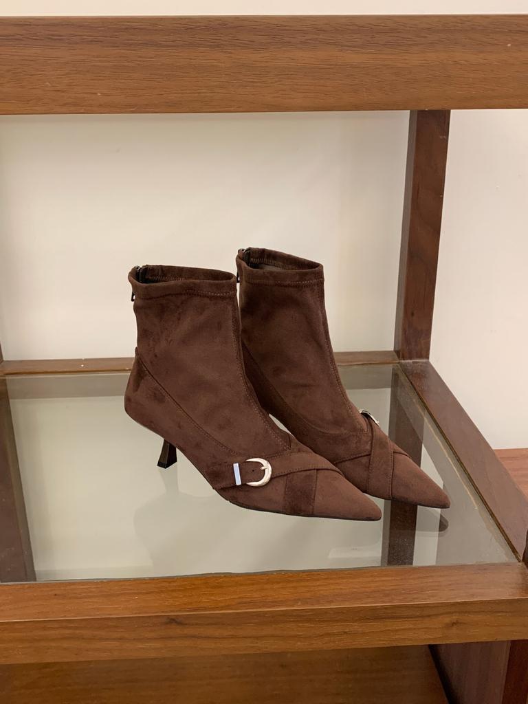 Pointed high-heeled thin short boots autumn temperament belt buckle suede elastic short boots women's boots