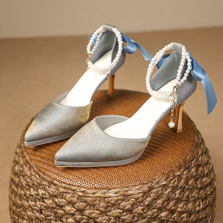 Fashion Women's Sandals Summer New Pointy Matte Ribbon Beaded Heels Fashion Temperament Skinny Heels Wedding Party Single Shoes