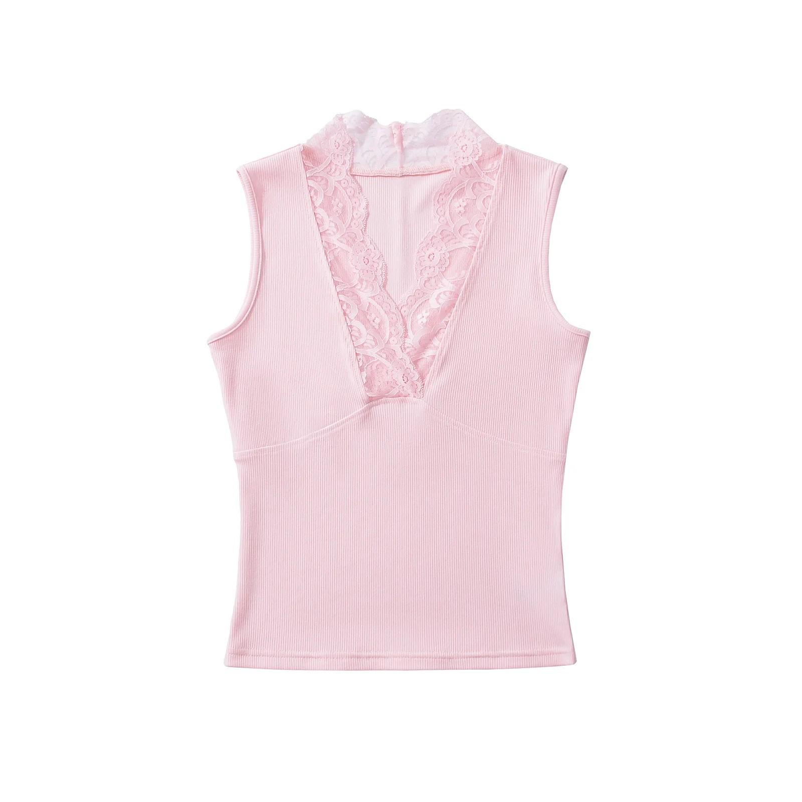 

Кружевной топ-майка из рубчатого хлопка с V-образным вырезом: Высокоэластичная утягивающая майка для весны/лета 2025 L