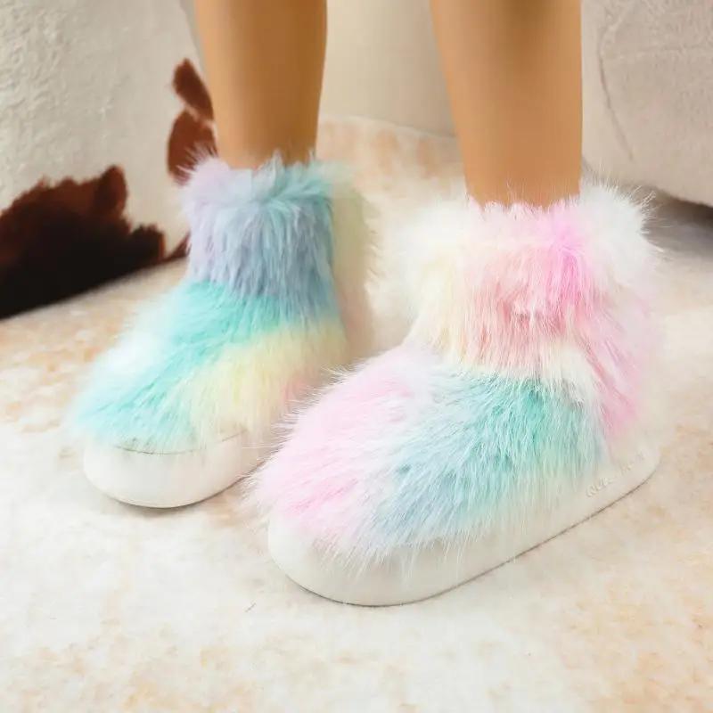 Fashion Mix Color Long Plush Snow Boots Women Candy Color Non Slip Soft Cotton Snow Boots Women 2025 Thicken Warm Faux Fur Shoes