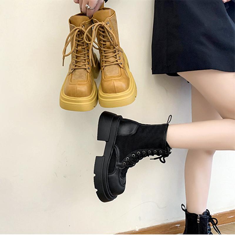 New Canvas Leather Splicing Platform Boots Women Chunky Thick Bottom Lace-up Biker Boots Luxury Designer Ankle Boots for Women