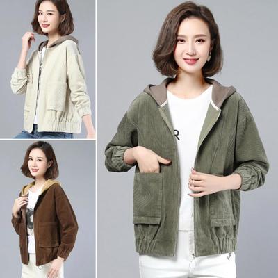 Chaqueta de pana para mujer, con bolsillos de parche, capucha, holgada, con bloques de color, puños y dobladillo elásticos, para uso en la oficina y el ocio, para otoño y primavera