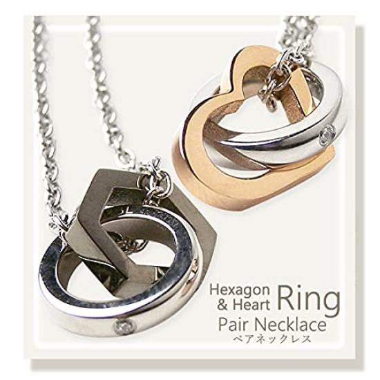 La Amore Eterno Pair Stainless Rose and Black Pendant with Azuki 50cm Necklace, Steel, Heart, Double-Row Zirconia, Gold, Chain, Women's 45cm, Men's