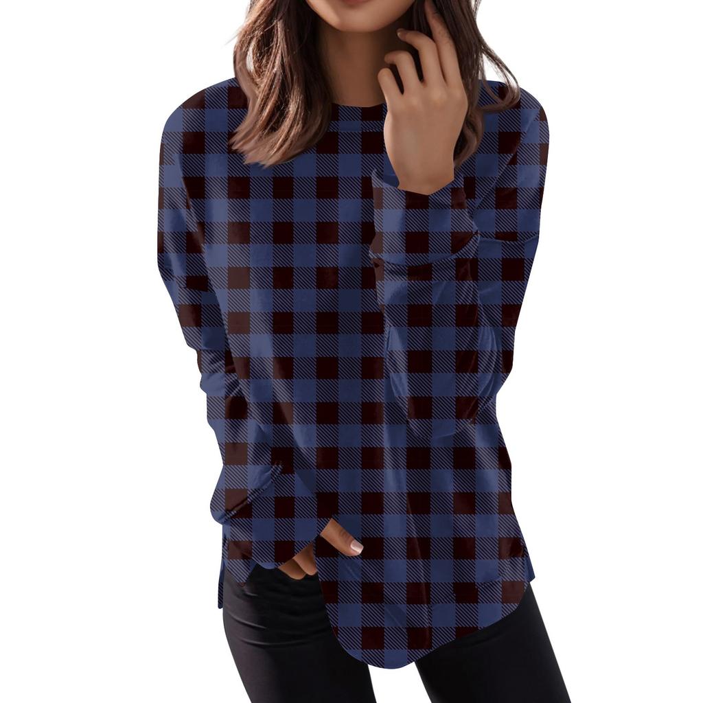 Women's Fashion Casual Long Sleeve Plaid Round Neck Top