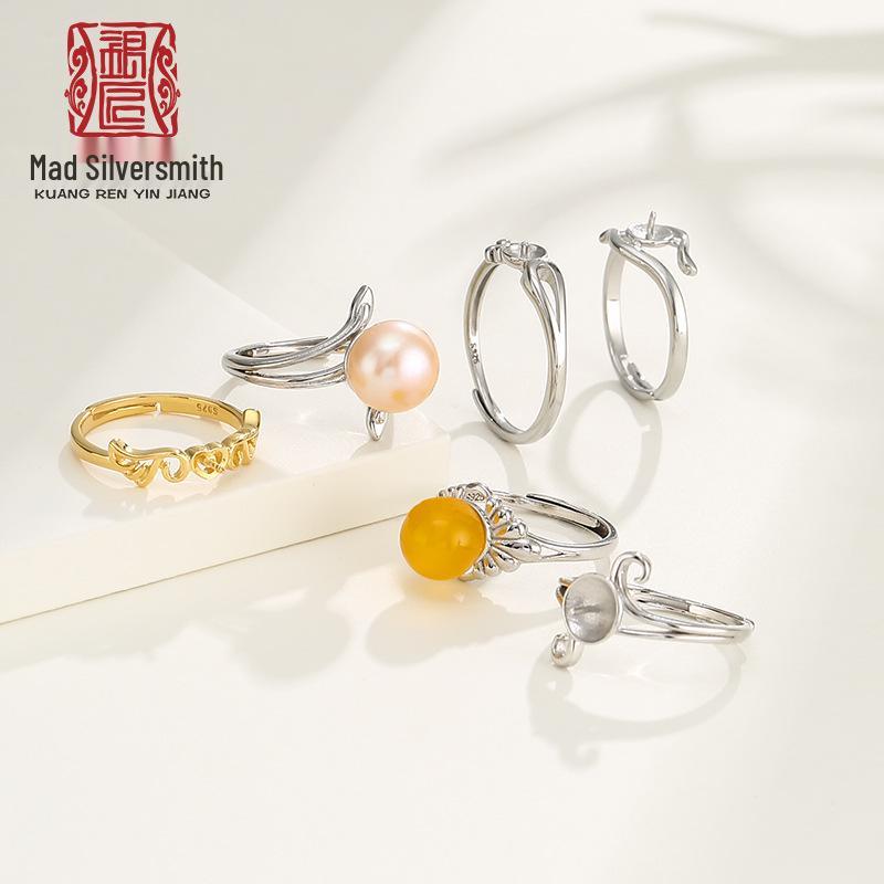 

S925 Sterling Silver Honeycomb Amber Women s Adjustable Round Bead Ring Setting (5-8mm)