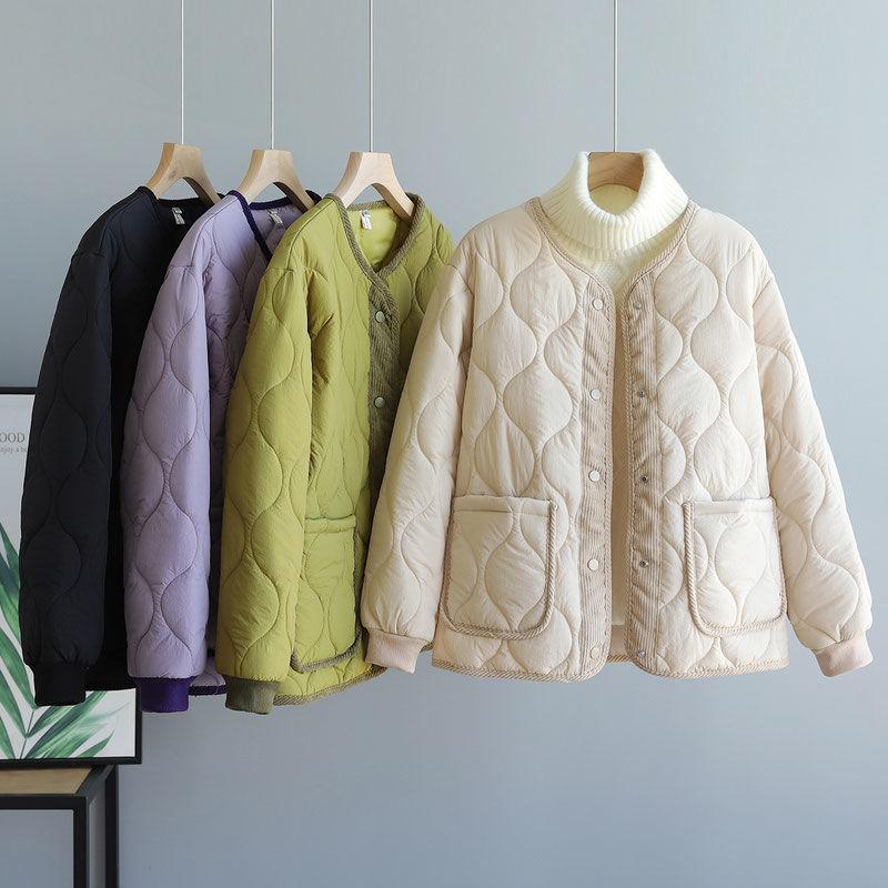 Herbst Winter High-End Rundhals Damen Cord Patchwork Diamantgesteppter Baumwollgepolsterter Mantel Locker Warme Steppjacke