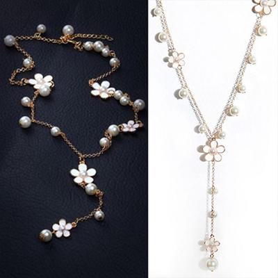Women's Fashion Korean Style Faux Pearl Flowers Long Necklace Sweater Chain