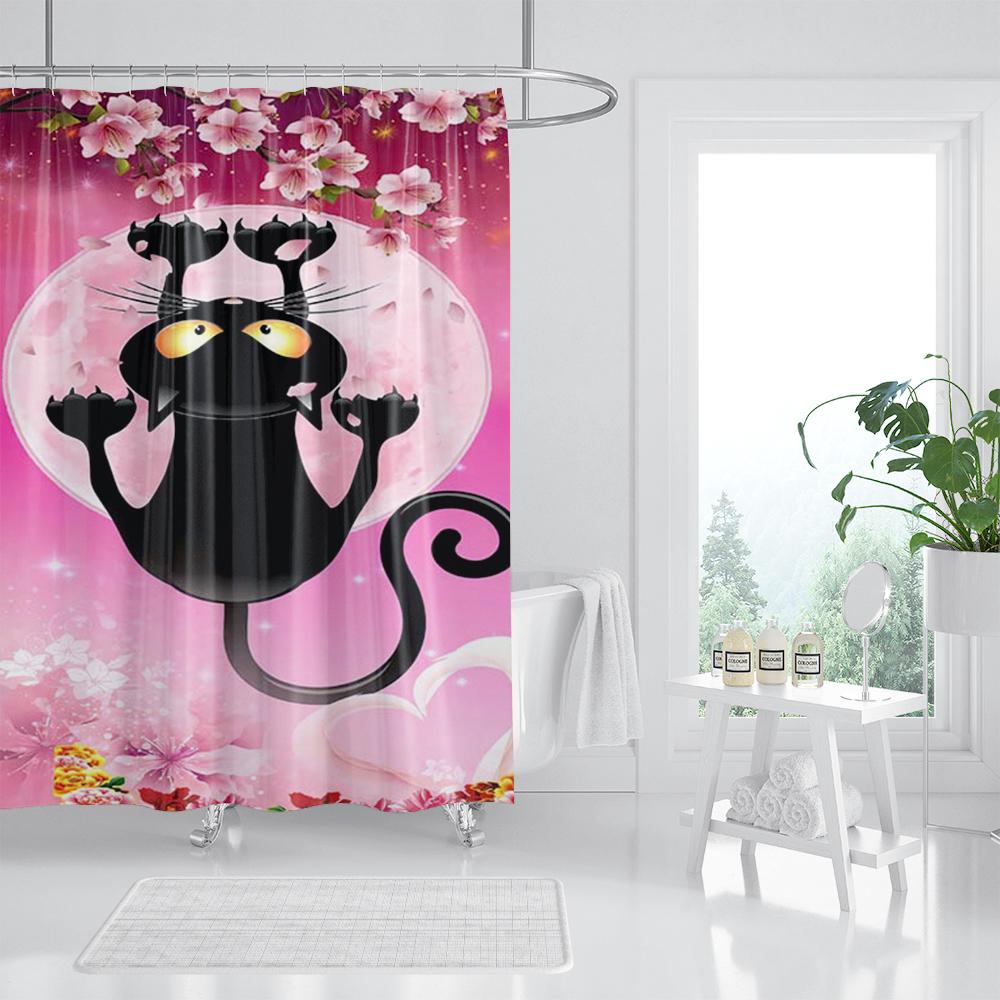 Three Funny Naughty Black Cat Shower Curtain Scratching The Wall with His Paws Fabric Bathroom Decor Set Hooks White and Black