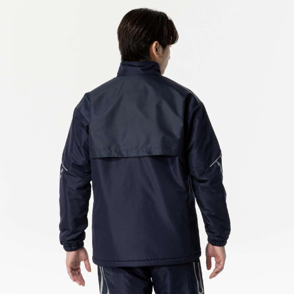Mizuno Breath Thermo Training Warmer Jacket with and Windproof Deep Navy and Silver MC-LINE Wear, Moisture-Wicking, Heat-Generating, Water-Repellent,