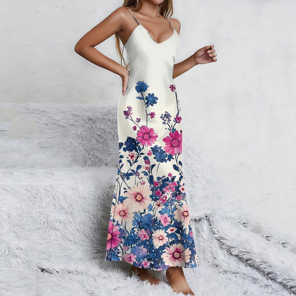 Ladies' floral nightgown sexy suspender nightgown slit sexy thin home outfit