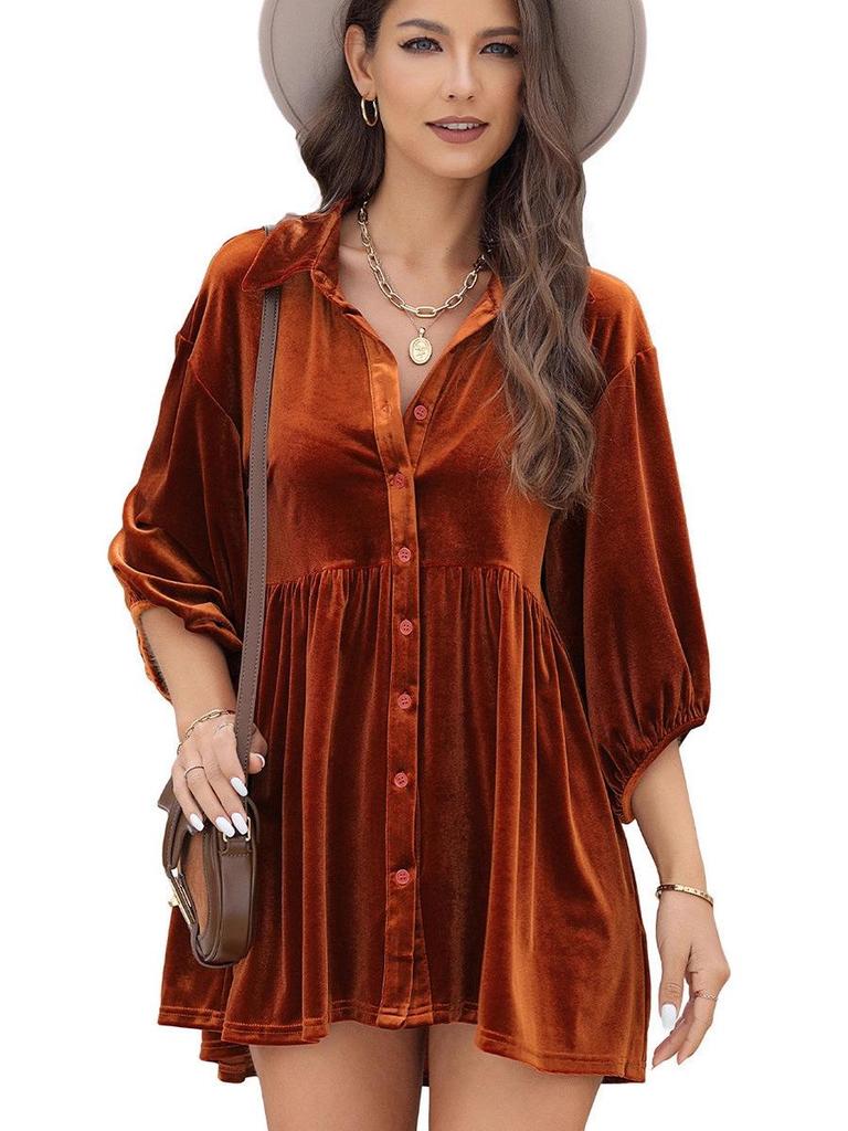 2025 Autumn Women's Solid Velvet Single-Breasted Pleated Long Sleeve Shirt - European and American Style