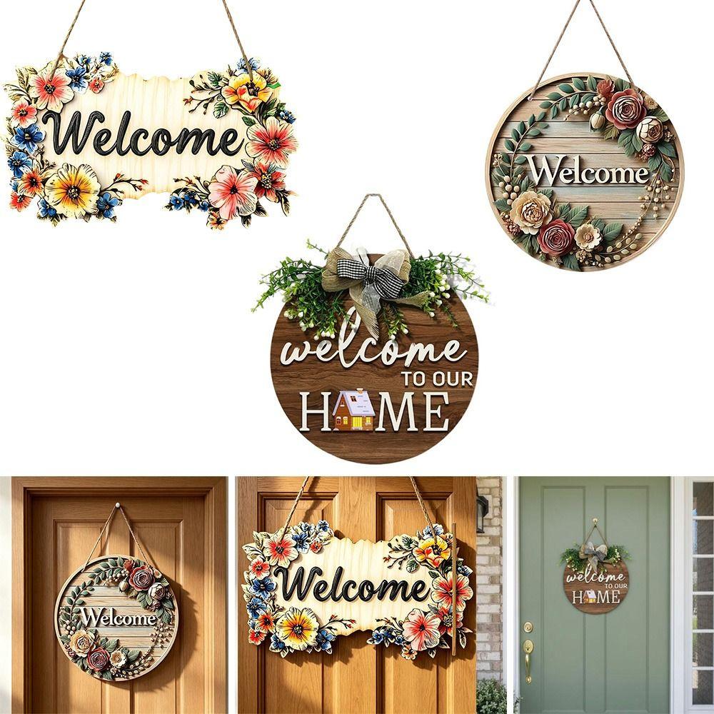 Neues 2D Flaches 2D Rundes Willkommensschild Katzenaufdruck Blumendruck Hängendes Holzschild Warmes Zuhause Retro-Stil Wandschild Heimdekoration