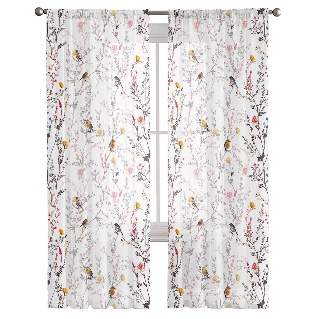 Spring Bird Sun Flower Orchid Retro Voile Sheer Curtains Living Room Window Tulle Curtain Kitchen Bedroom Drapes Home Decor