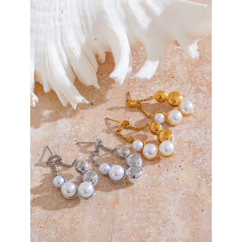 Yhpup Elegante Imitationsperlen Geometrische Kette Hängeohrringe für Damen Edelstahl Exquisiter Täglicher Schmuck Bijoux Geschenk