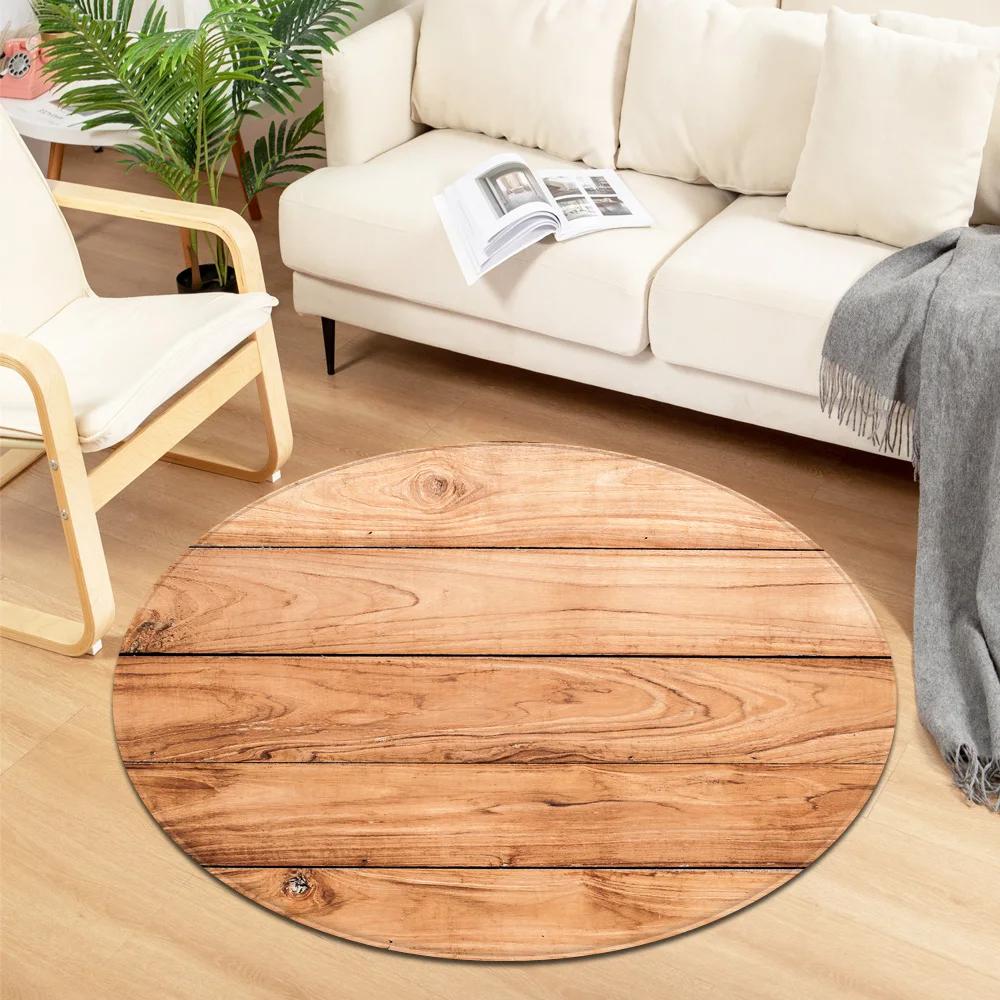 Wooden Pattern Round Area Rug, Soft Chenille Anti Slip Circle Carpet for Living Room, Bedroom, Bathroom, Home Floor Mat Decor
