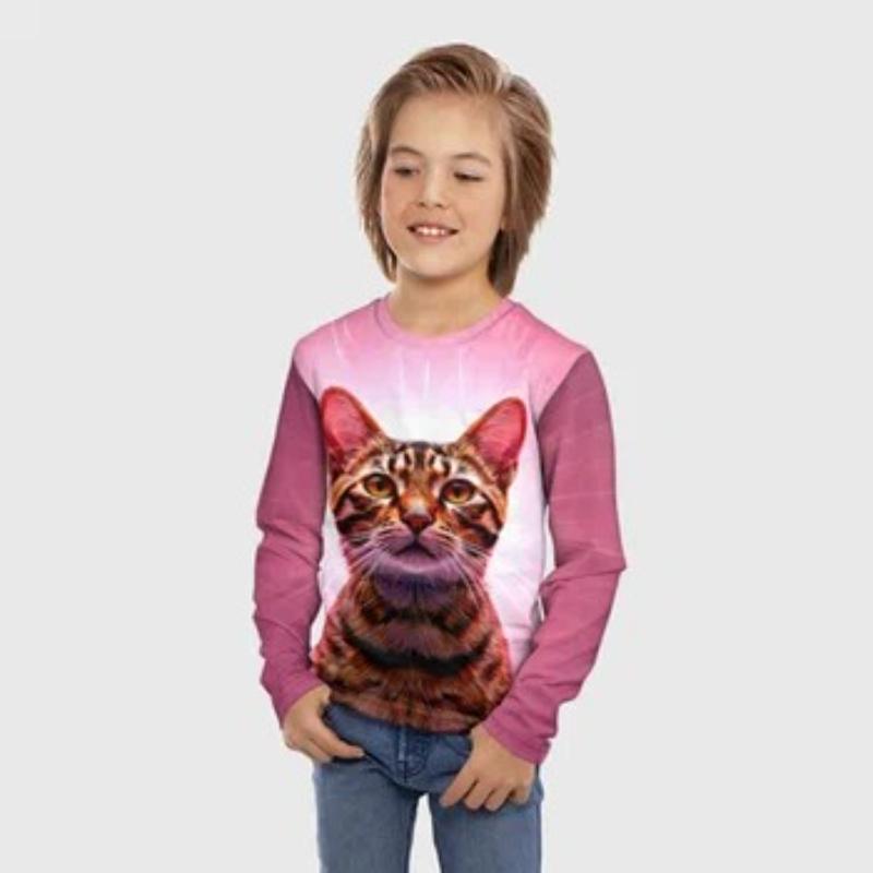Children's Cartoon Fox Kitten Printed Animal T-shirt Boys Cute Long Sleeved Soft Comfortable Top