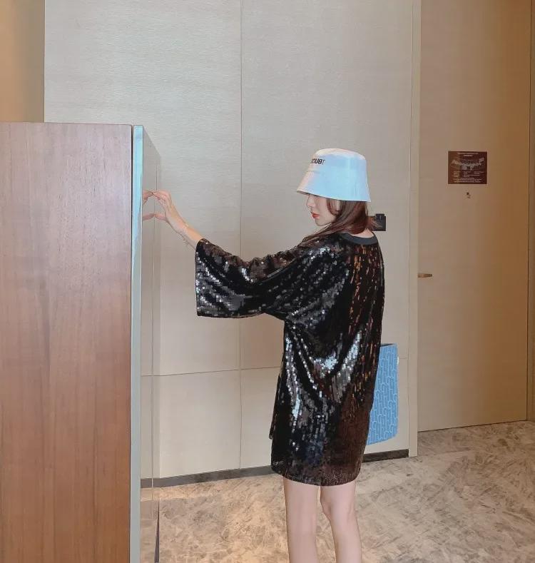 European Fashion Plus Size Women's Sequin T-Shirt Dress - Early Spring Shiny Trend