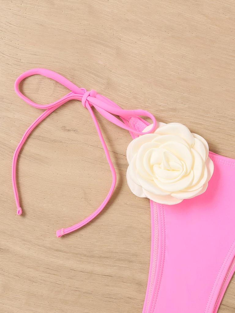 2025 European & American Color Block Rose Bandeau Tie-Up Split Bikini Swimsuit