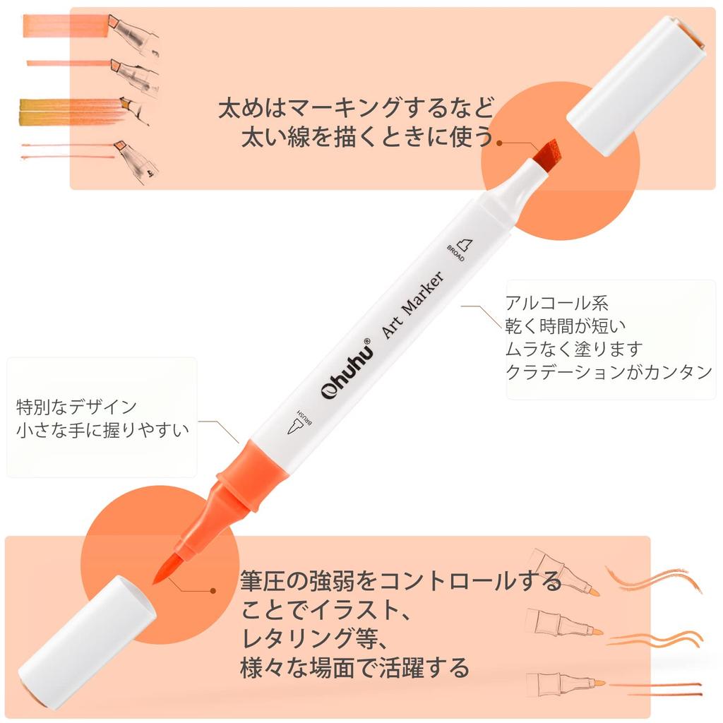 Ohuhu Brush Marker 48 Brush and Broad Illustration Triangular Blender Pen Alcohol Marker Set B Pens, Colors, Beginner's, Point, Markers, Shaft,