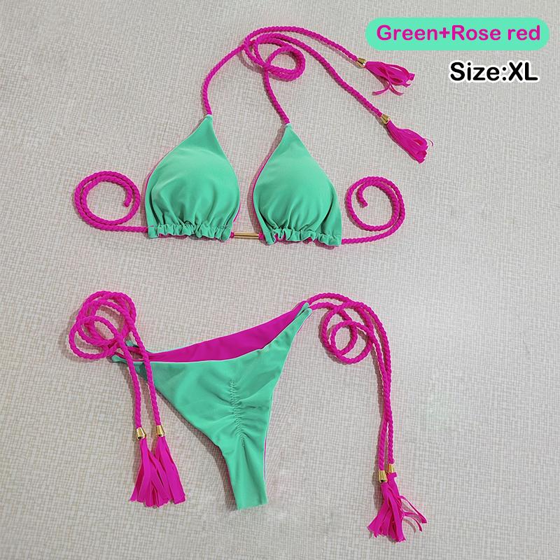 

Sexy Contrasting Colors Halter String Triangle Two Piece Bikini Trendy Women s Lace-up Swimsuit Summer Separate Beach Wear XL