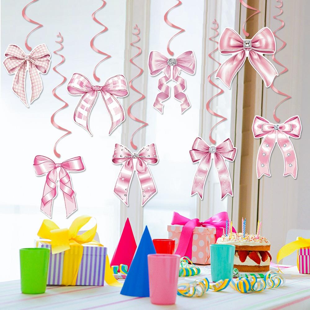 40pcs Birthday Party Decoration Spiral Pendant Pink Bow Birthday Spiral Tag Hanging Decoration and Props