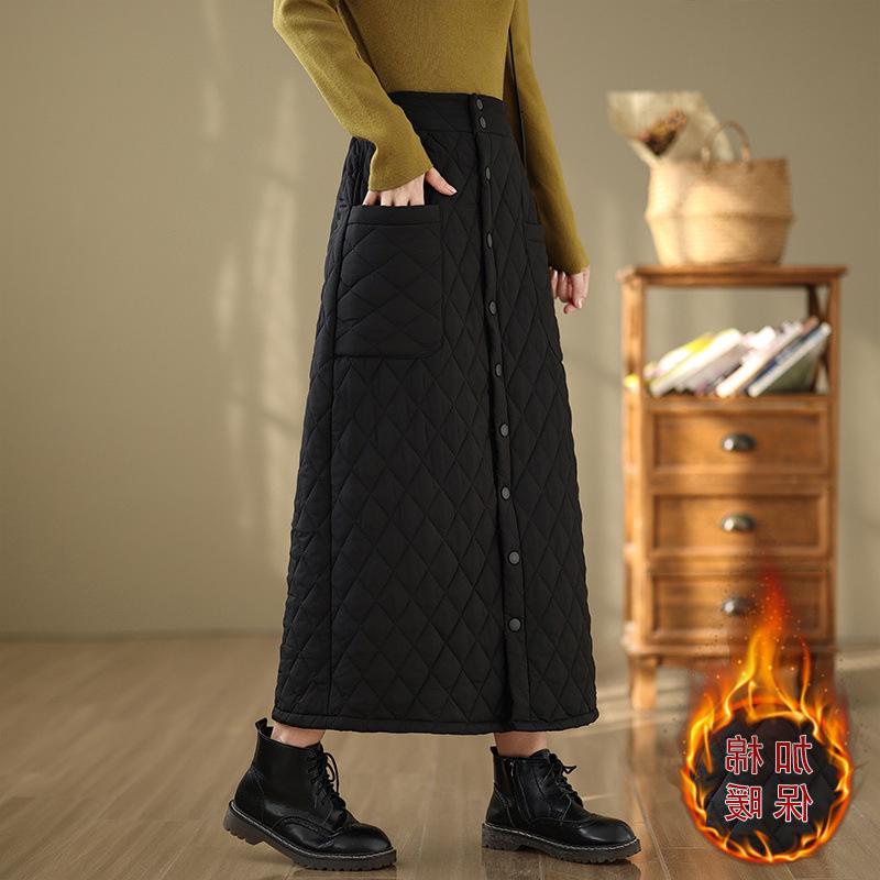 Fustă A-line pentru femei cu talie înaltă, extra lungă, rezistentă la vânt, din bumbac cu puf - Îngroșată, cu nasturi, stil de iarnă plus size