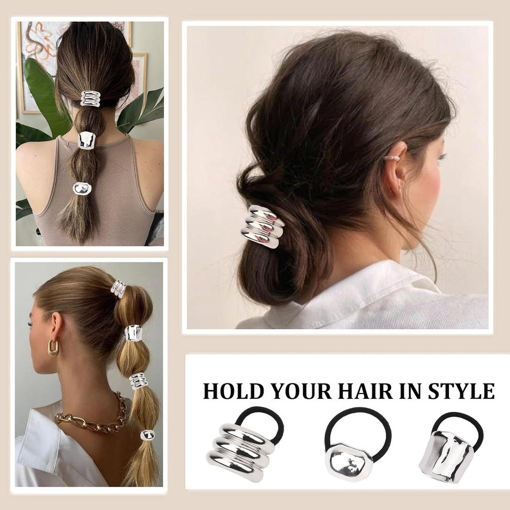 6PCS Metal Hair Ties for Women, Silve Hair Cuffs Ponytail Cuff for Thick Hair Geometric Elastic Hair Accessories