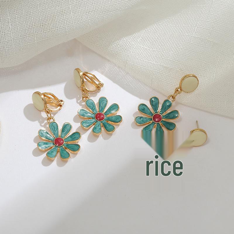 S925 Silver Needle Avocado Green Daisy Earrings: Drip Oil Flower Studs & Dangle Ear Clips