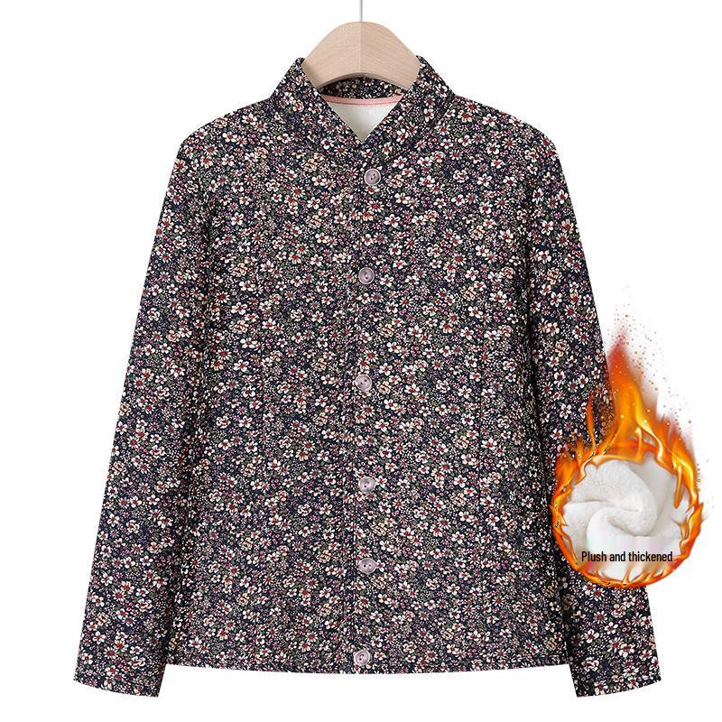 Grandma's Winter Floral Cotton Jacket with Velvet Lining - Warm, Thickened, Small Size for Elderly Women