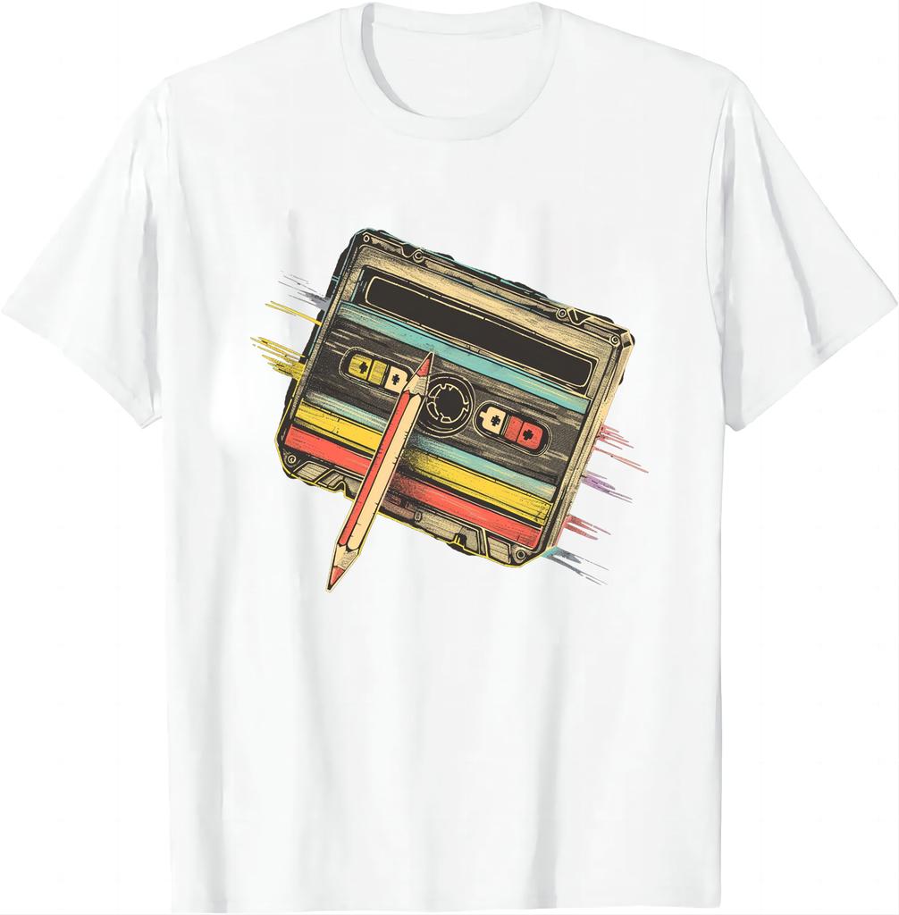80s Cassette Tape Pencil 1980s Retro Vintage Throwback Music T-Shirt  Men Clothing  Vintage T Shirt  Camisetas
