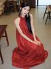 New Chinese Retro National Style Jacquard Red Neck Dress Women's Summer Seaside Vacation Temperament Big Pendulum Long Skirt