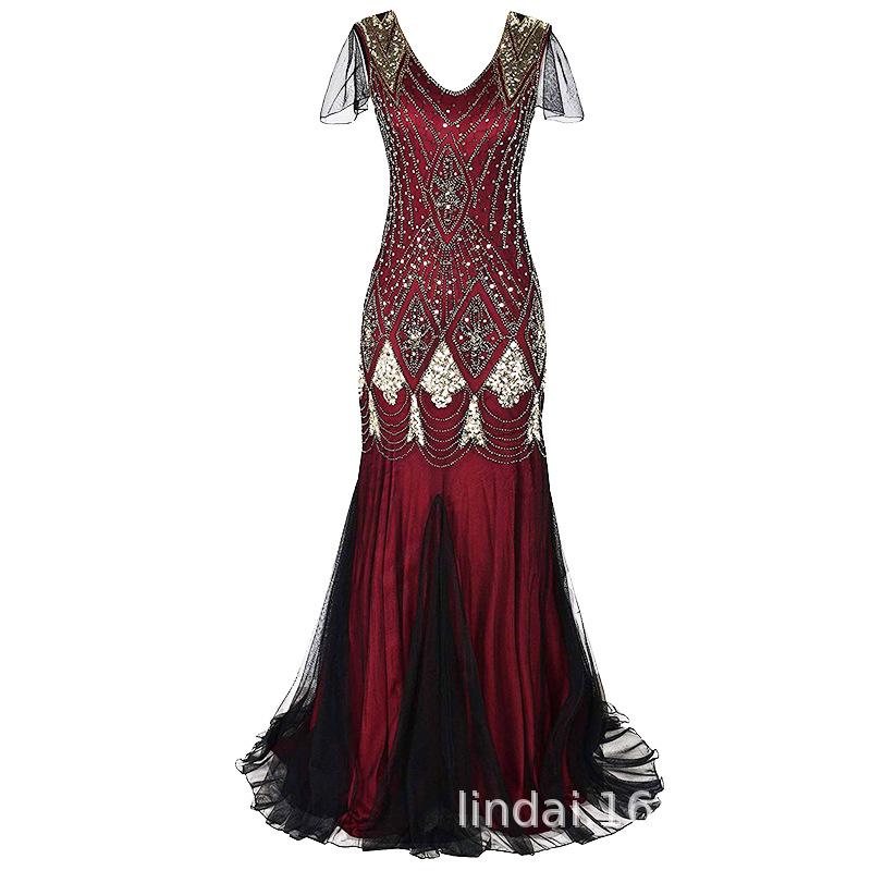 

Жіноча вінтажна вечірня сукня з паєтками та риб ячим хвостом 1920-х років для банкетів та вечірок. Small червоний/золотий