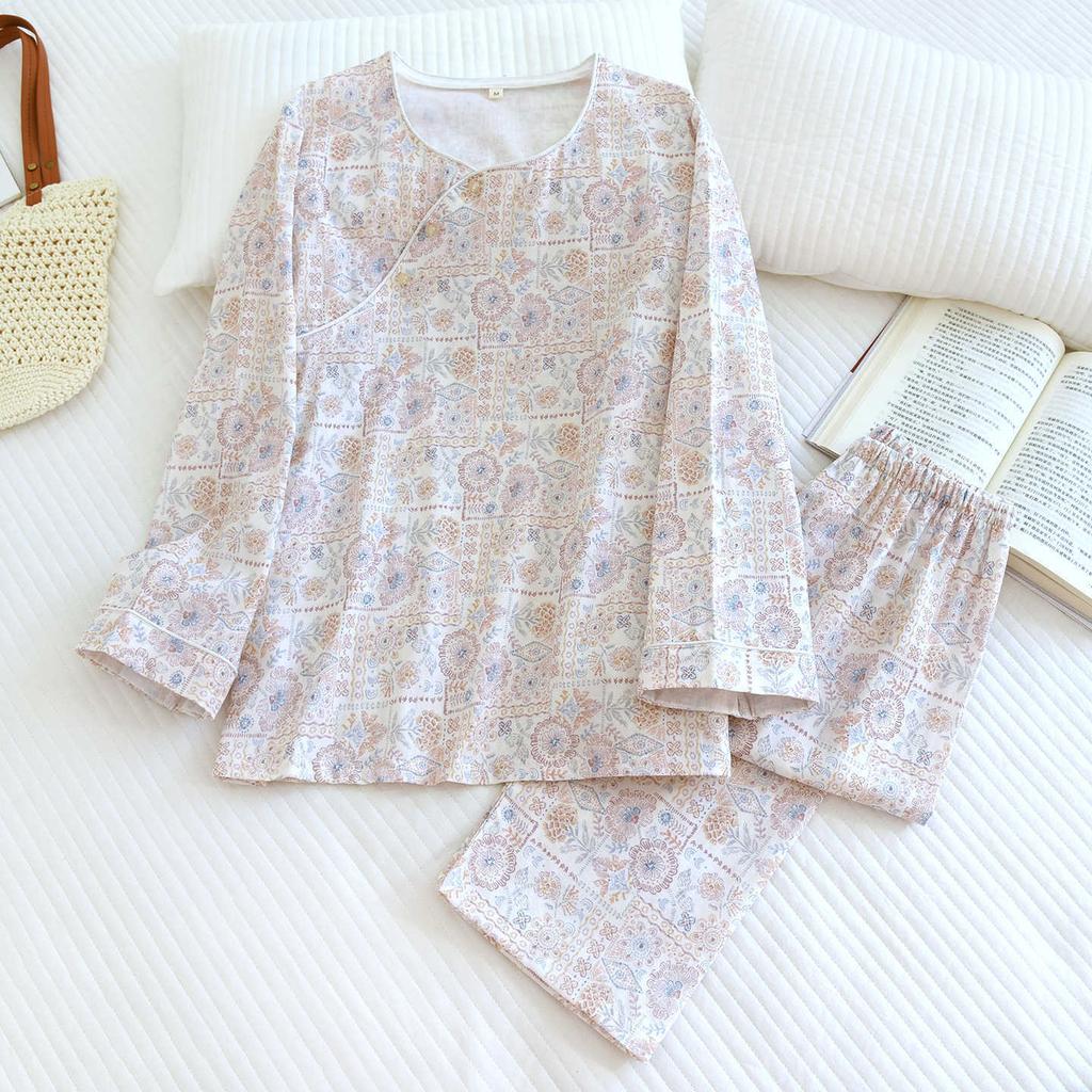 2026 New Women's Spring and Autumn Pajama Set 100% Cotton Gauze Long Sleeve Long Pants Thin Home Clothes Two Piece Set