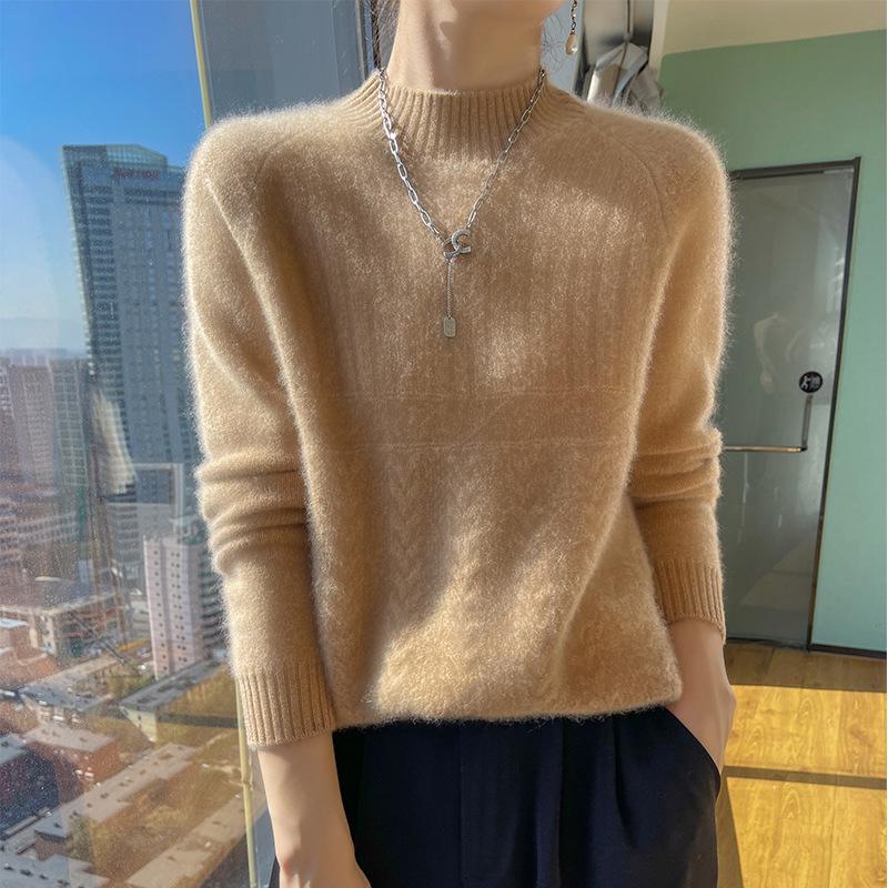 Women's Korean Style Wool Cable Knit Sweater - Thick Half-High Neck Base Layer for Autumn/Winter 2025