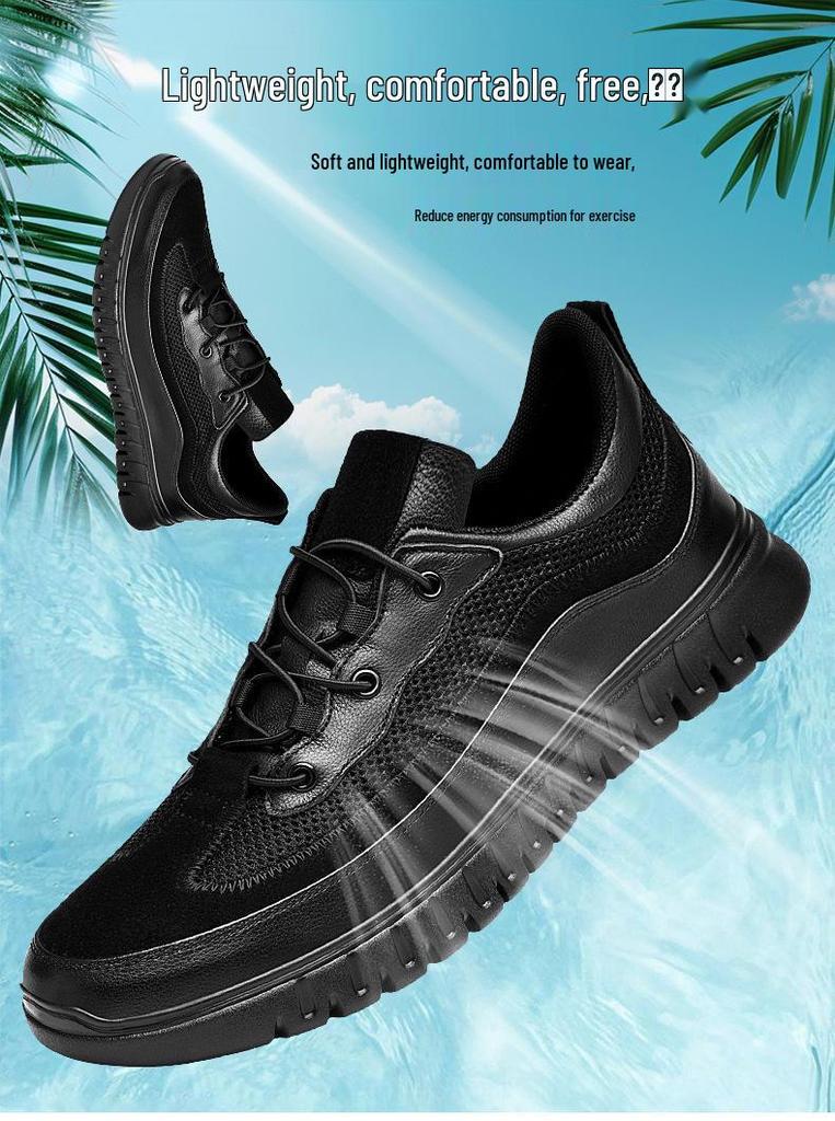 Men's Genuine Leather Mesh Casual Shoes with Thick Sole - New Collection