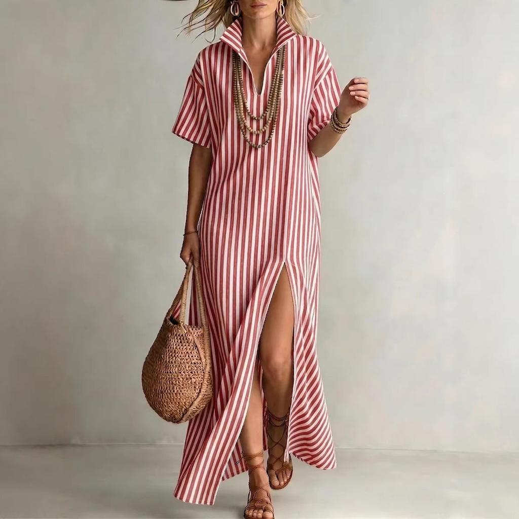 Casual Dresses - Summer V-neck Short Sleeve Striped Split Cotton Linen Women Dress For Cross-border Trade