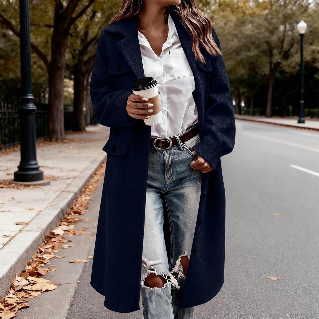 Women's Wool Coat Notch Lapel Collar Single-Breasted Peacoat Loose Casual Long Jacket  Fall Winter Outwear
