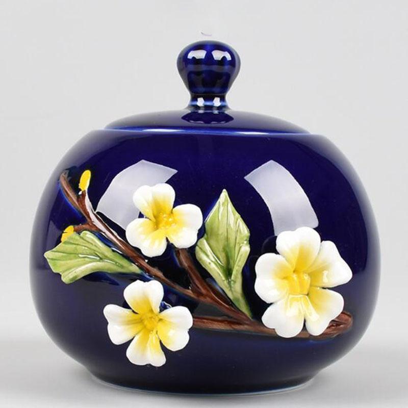 Handmade Ceramic Relief Flower Pattern Tea Caddy Sealed Storage Tea Canister Living Room Coffee Storage Jar Kitchen Teaware