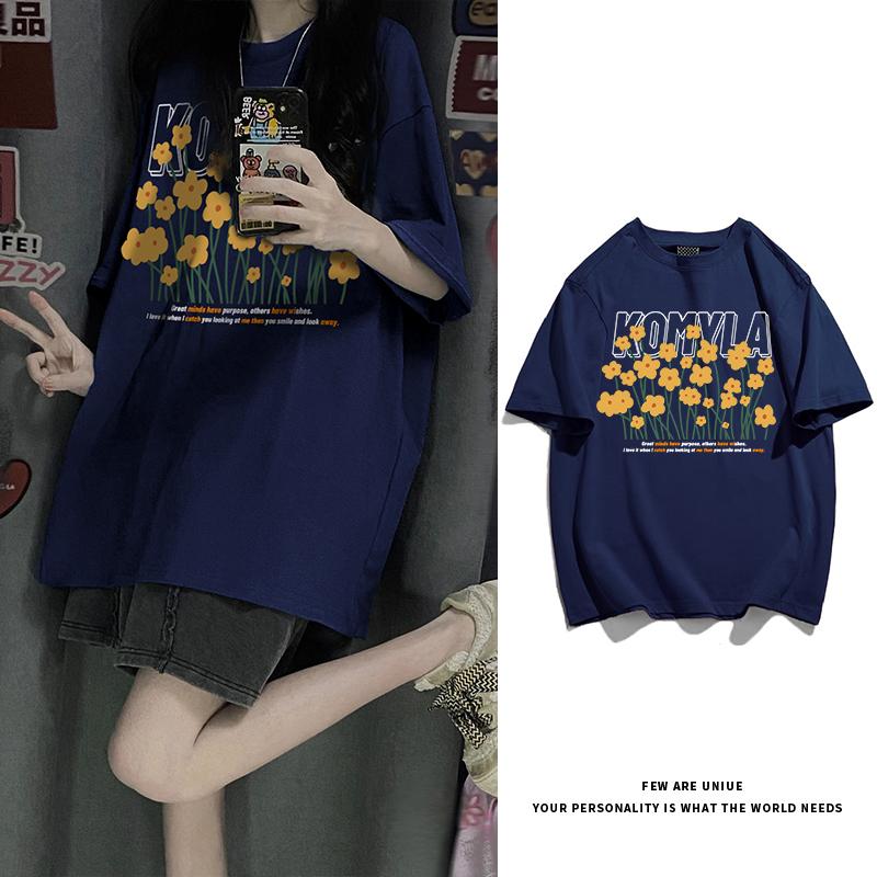 

Хлопковая футболка с коротким рукавом с принтом Свободный топ Лето