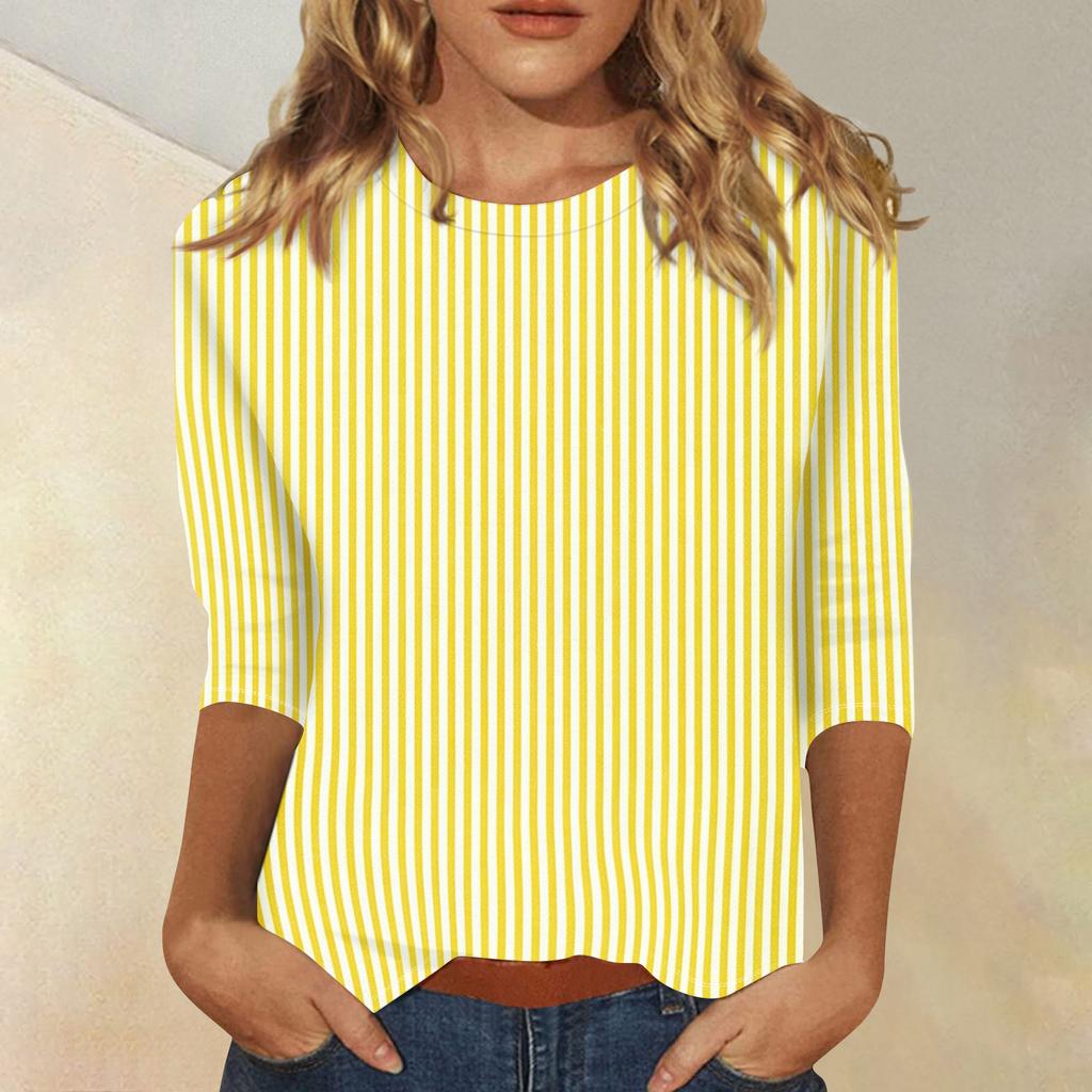 Women's Fashionable Casual Three-Quarter Sleeve Striped Print -Neck T-Shirt Top