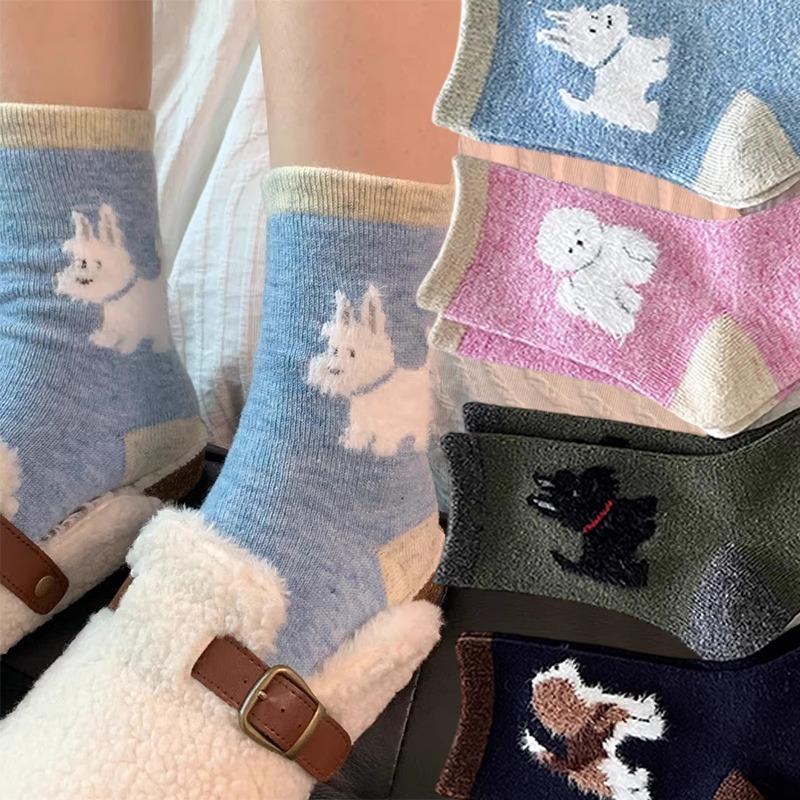 Fashion Kawaii Dog Socks Winter Warm Cartoon Cute Dog Cat Animal Mid-tube Stockings for Women Girls Home Sleep Sockings Gifts