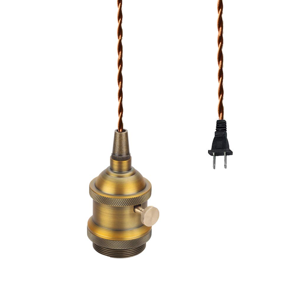 FSLIVING Plug-in Pendant Light, 200cm, with Switch, Brown Cord, Single Light, Retro Twisted Cord, Interior Lighting, Cafe Style, LED Bulb Compatible,