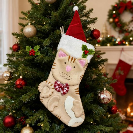 Christmas Stockings Plush Cat Dog Design Santa Claus Xmas Stockings Large Opening Candy Gift Holder Hanging Decor for Tree And Fireplace